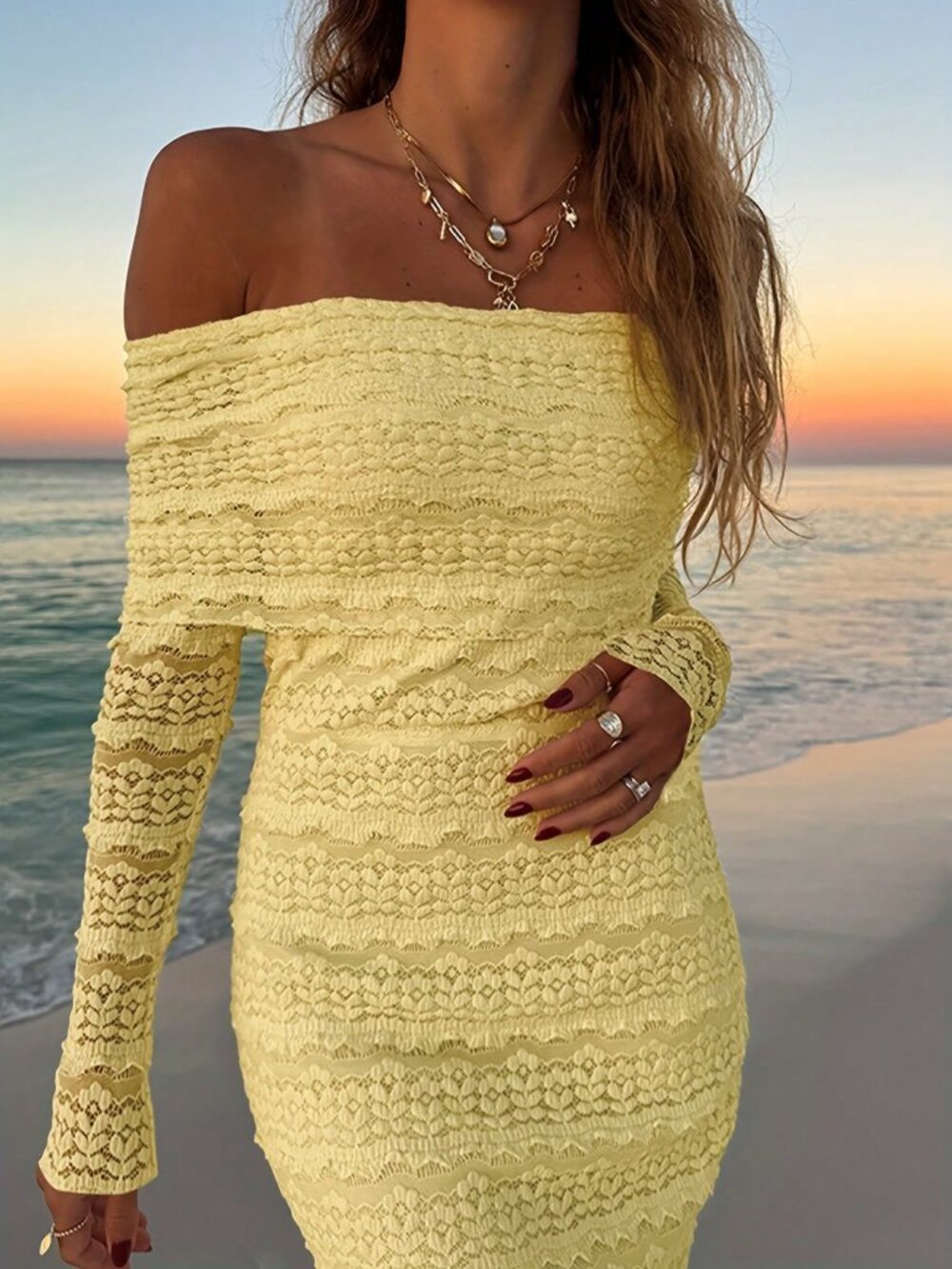 Yellow Elegant Women's Off Shoulder Long Sleeve Bodycon Sexy Minimalist Dress - Picture 2 of 6